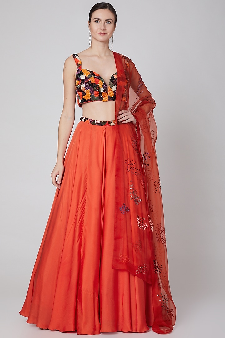 Orange Embroidered Wedding Lehenga Set by Mahima Mahajan at Pernia's Pop Up Shop