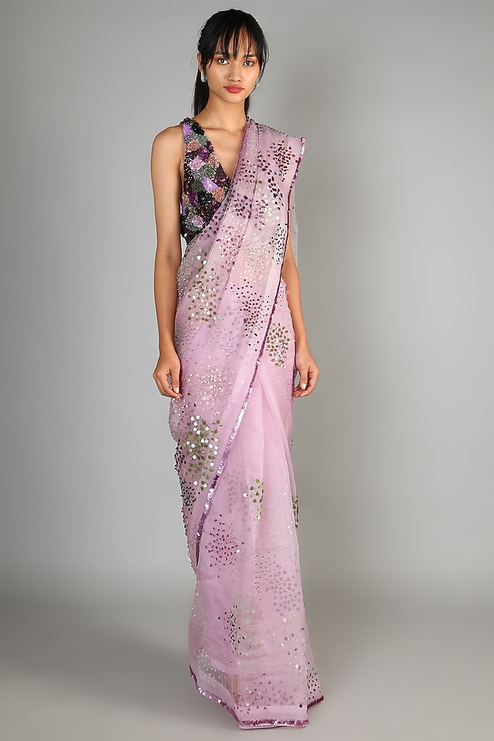 Mauve Organza Sequins Embroidered Wedding Saree Set by Mahima Mahajan at Pernia's Pop Up Shop