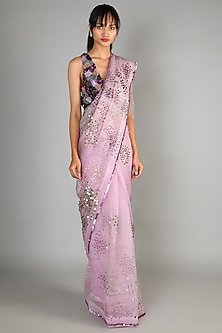 Mauve Organza Sequins Embroidered Saree Set  by Mahima Mahajan-SHOP BY STYLE