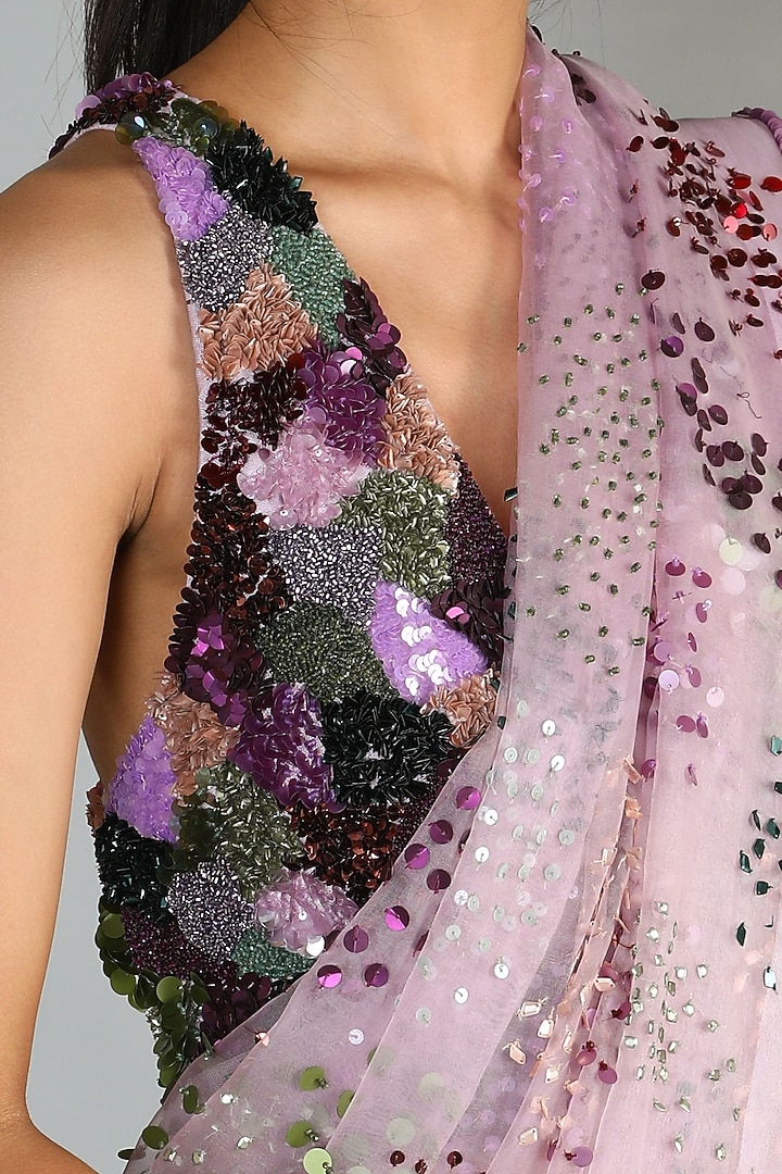 Mauve Organza Sequins Embroidered Wedding Saree Set by Mahima Mahajan at Pernia's Pop Up Shop