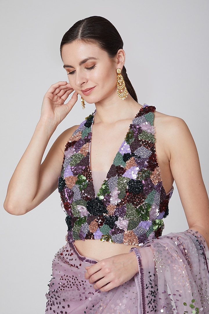 Mauve Organza Sequins Embroidered Wedding Saree Set by Mahima Mahajan at Pernia's Pop Up Shop