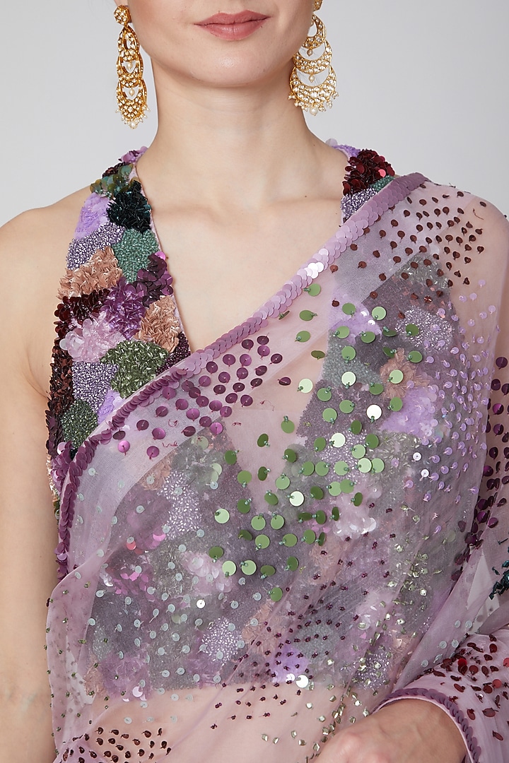 Mauve Organza Sequins Embroidered Wedding Saree Set by Mahima Mahajan at Pernia's Pop Up Shop