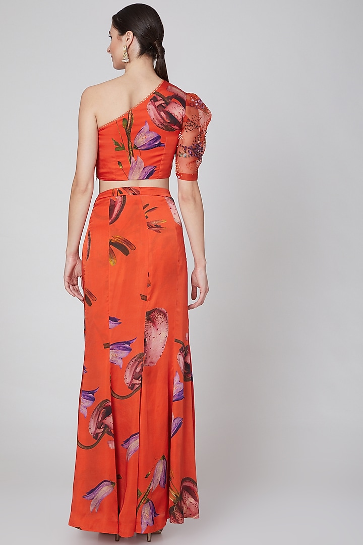 Orange Modal Satin Printed Skirt Set by Mahima Mahajan at Pernia's Pop Up Shop