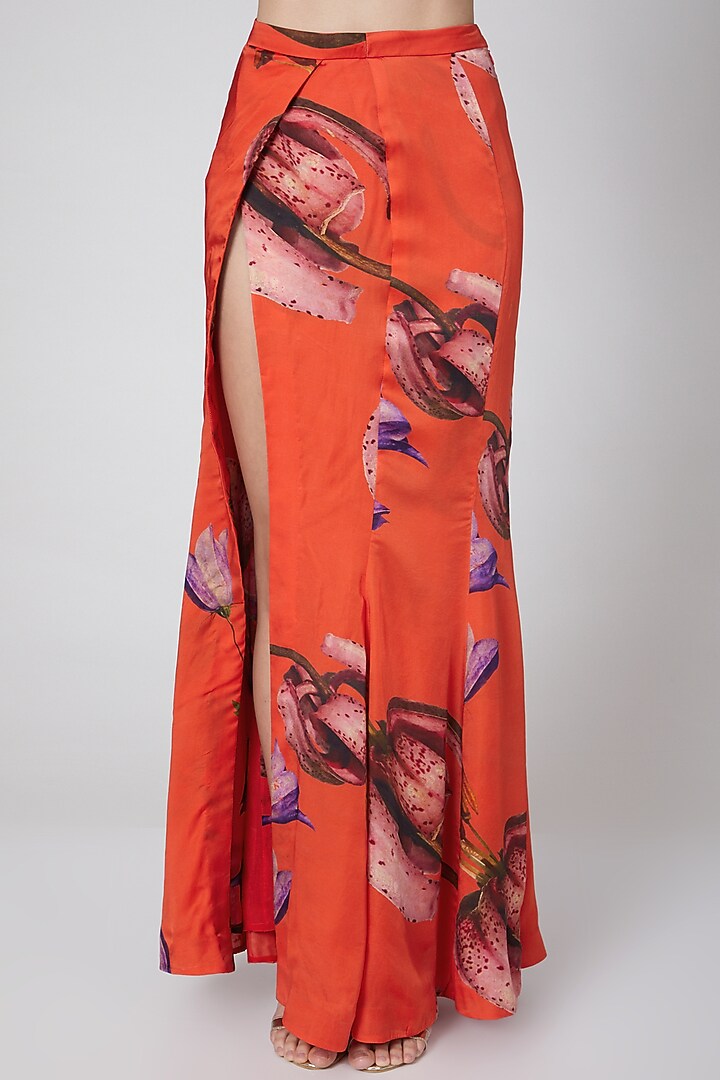 Orange Modal Satin Printed Skirt Set by Mahima Mahajan at Pernia's Pop Up Shop