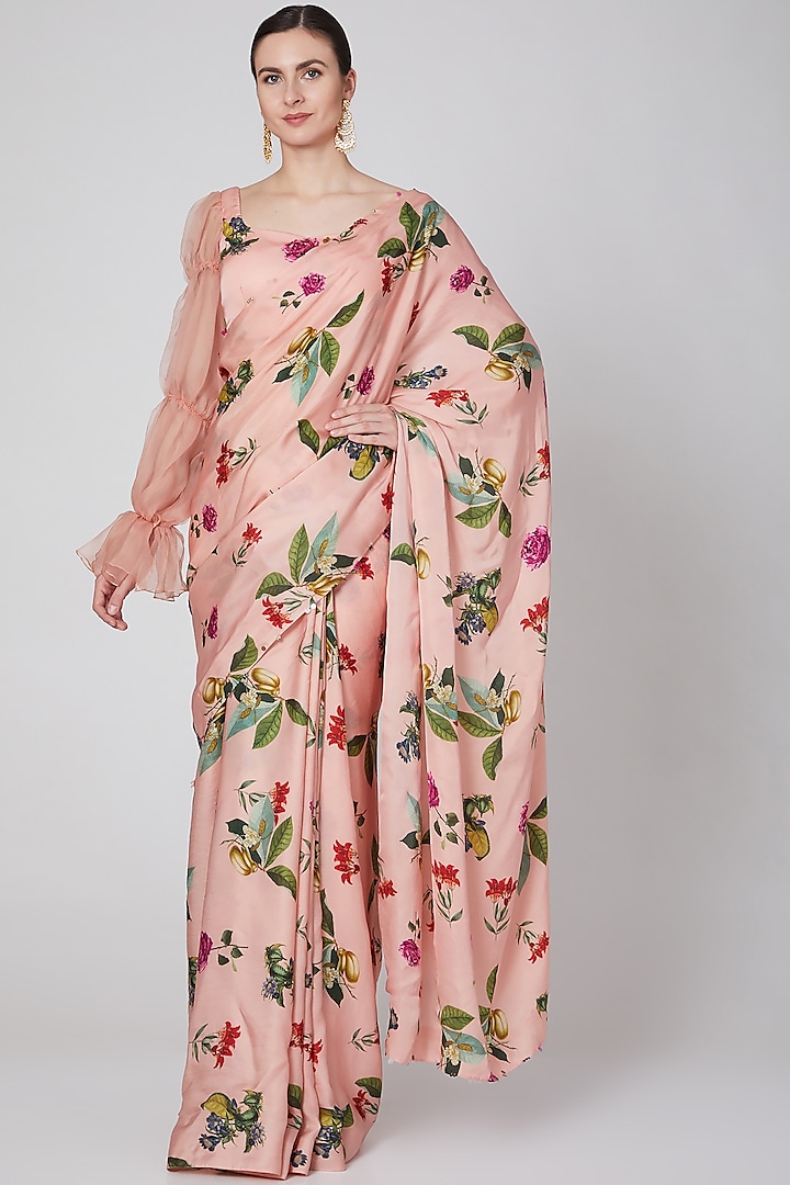 Blush Pink Printed Saree Set  by Mahima Mahajan