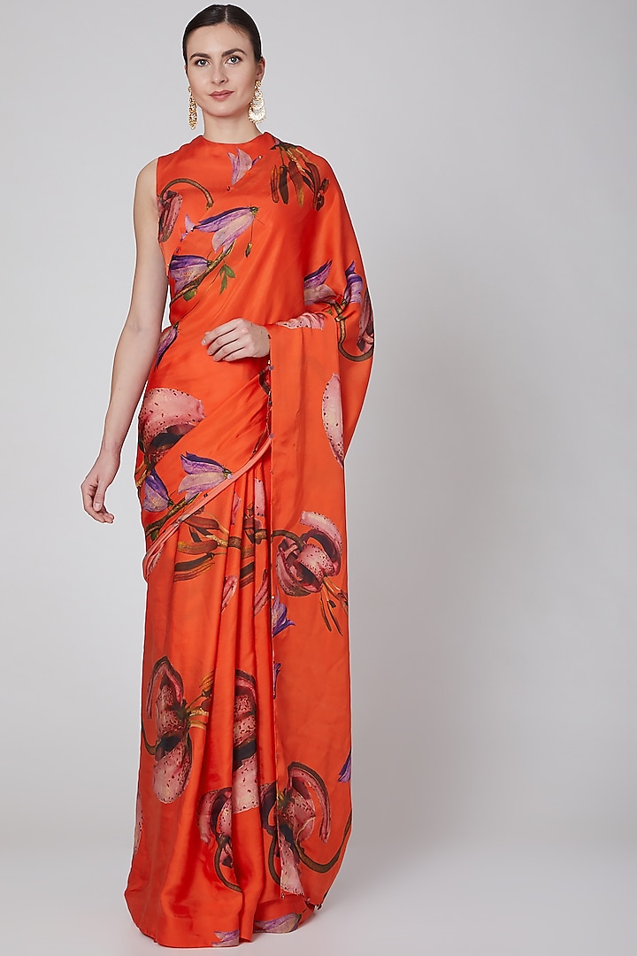 Orange Printed Saree Set by Mahima Mahajan