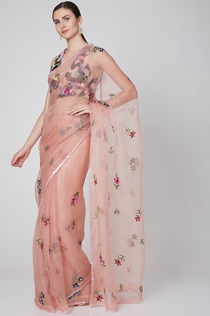 Blush Pink Embroidered Saree Set by Mahima Mahajan