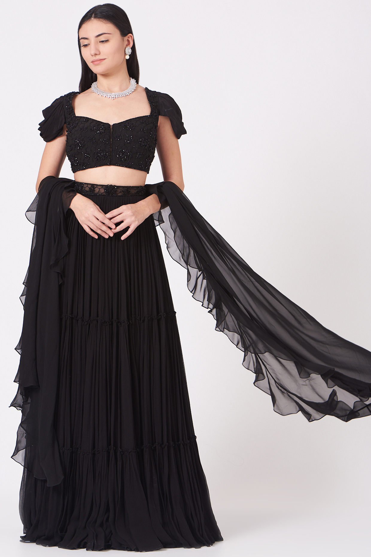 Black Tiered Lehenga Set by Mahima Mahajan