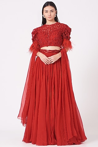 Cadmium Red Sequins Embroidered Lehenga Set by Mahima Mahajan