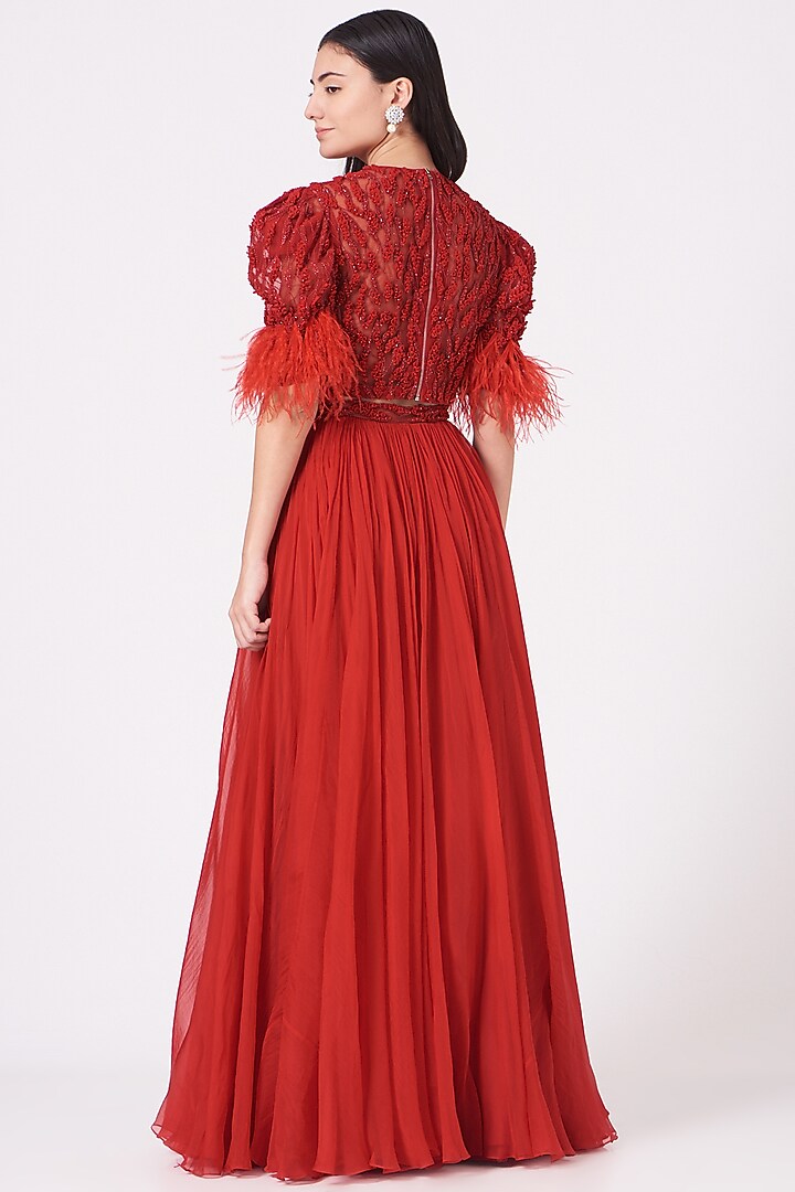 Cadmium Red Sequins Embroidered Wedding Lehenga Set by Mahima Mahajan at Pernia's Pop Up Shop