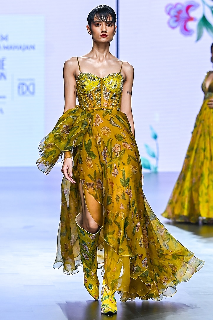 Yellow Organza & Soft Net Embroidered Engagement Gown by Mahima Mahajan at Pernia's Pop Up Shop