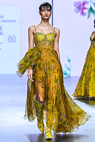 Yellow Organza & Soft Net Embroidered Gown by Mahima Mahajan