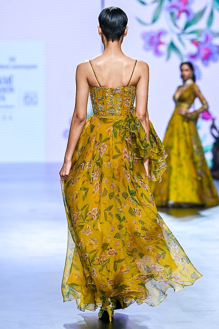Yellow Organza & Soft Net Embroidered Engagement Gown by Mahima Mahajan at Pernia's Pop Up Shop