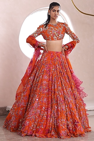Orange Lurex Chiffon Embroidered Lehenga Set by Mahima Mahajan