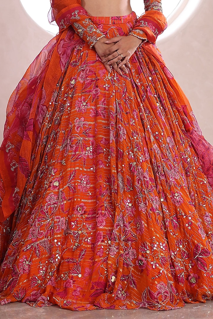 Orange Lurex Chiffon Embroidered Wedding Lehenga Set by Mahima Mahajan at Pernia's Pop Up Shop