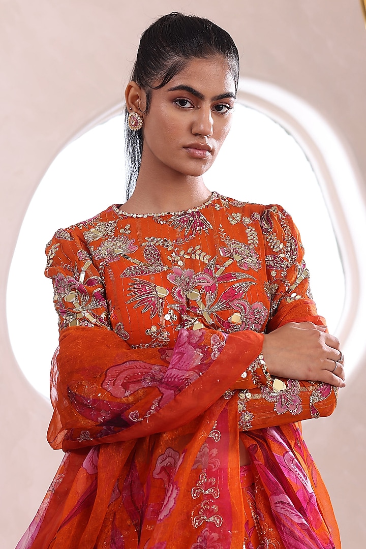Orange Lurex Chiffon Embroidered Wedding Lehenga Set by Mahima Mahajan at Pernia's Pop Up Shop