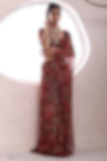 Red Lurex Chiffon & Organza Pre-Draped Wedding Saree Set by Mahima Mahajan at Pernia's Pop Up Shop