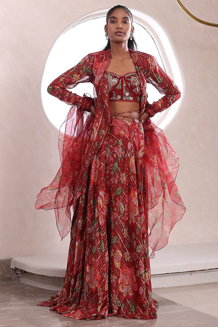 Red Lurex Georgette Printed Palazzo Set by Mahima Mahajan at Pernia's Pop Up Shop