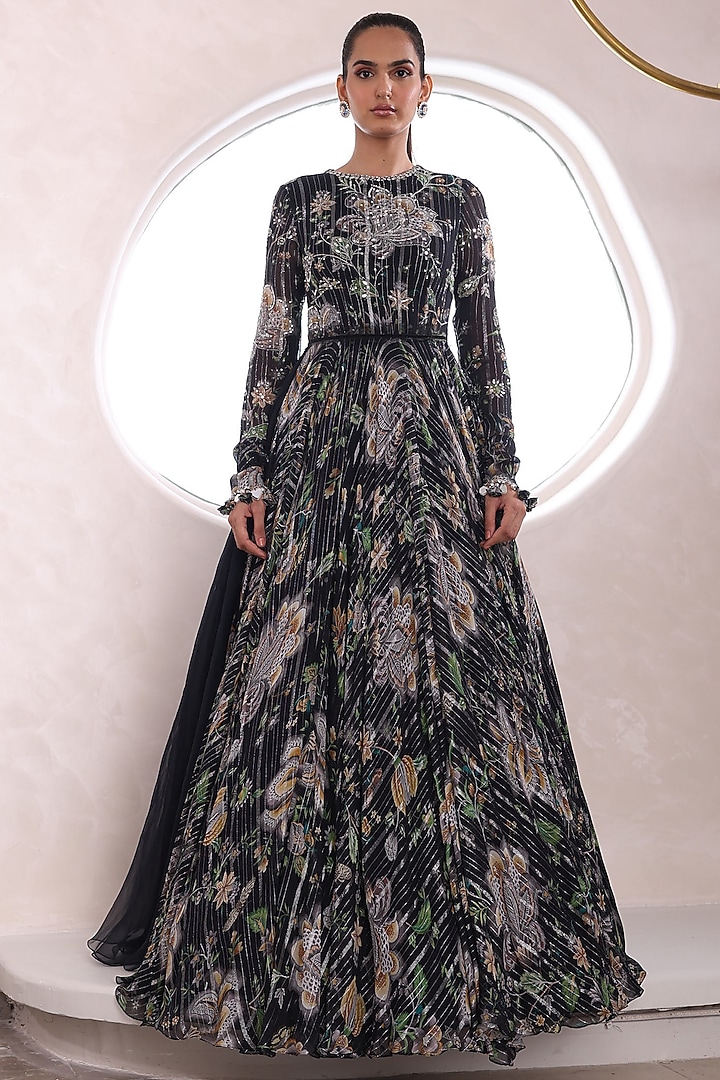 Black Organza & Lurex Georgette Embroidered Wedding Anarkali Set by Mahima Mahajan at Pernia's Pop Up Shop