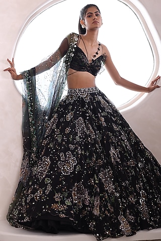 Black Organza Embroidered Lehenga Set by Mahima Mahajan