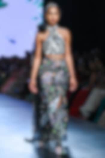 Black Organza & Moss Crepe Draped Skirt Set by Mahima Mahajan at Pernia's Pop Up Shop