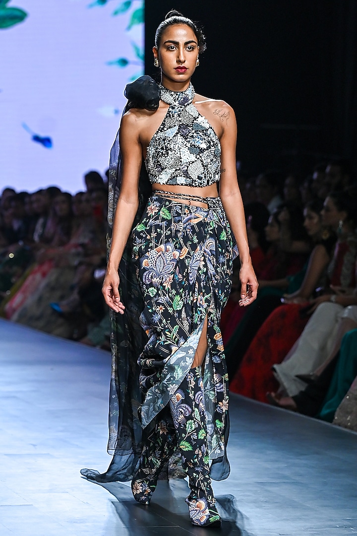 Black Organza & Moss Crepe Draped Skirt Set by Mahima Mahajan at Pernia's Pop Up Shop