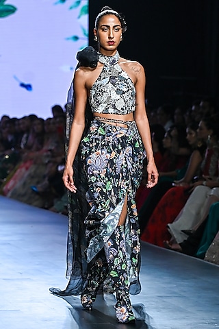 Black Organza & Moss Crepe Draped Skirt Set by Mahima Mahajan