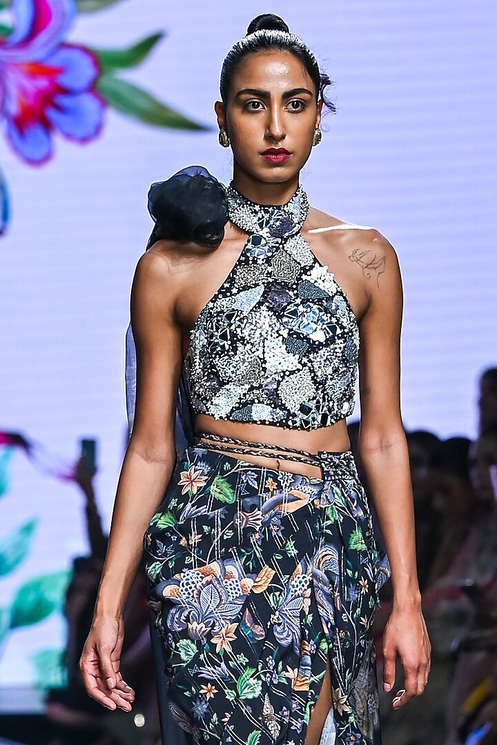 Black Organza & Moss Crepe Draped Skirt Set by Mahima Mahajan at Pernia's Pop Up Shop
