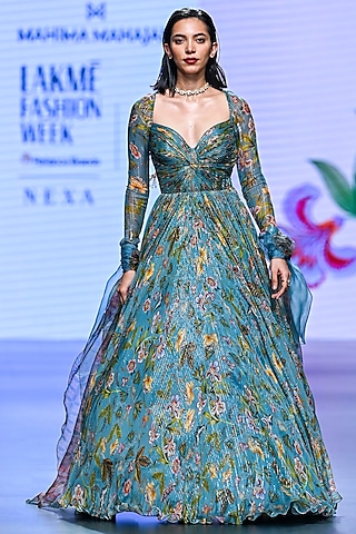 Grey Organza & Lurex Georgette Printed Anarkali by Mahima Mahajan