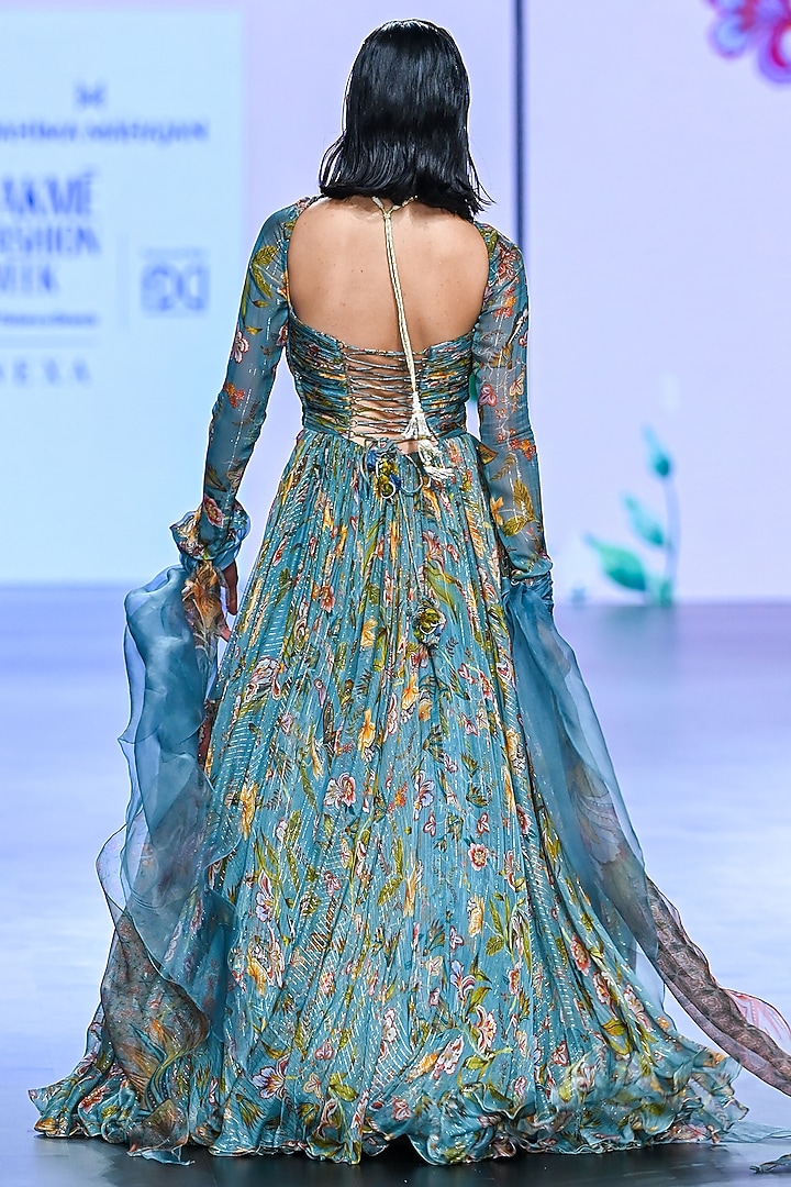 Grey Organza & Lurex Georgette Printed Wedding Anarkali by Mahima Mahajan at Pernia's Pop Up Shop