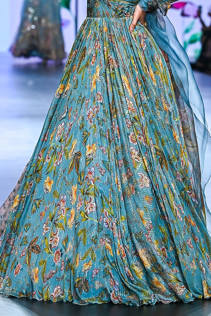 Grey Organza & Lurex Georgette Printed Wedding Anarkali by Mahima Mahajan at Pernia's Pop Up Shop