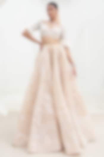 Nude Net & Crepe Hand Embroidered Bridal Lehenga Set by Mahima Mahajan at Pernia's Pop Up Shop