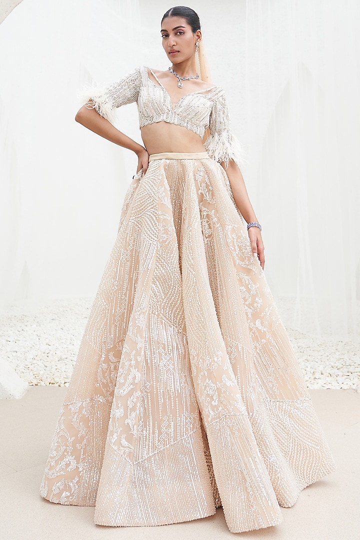Nude Net & Crepe Hand Embroidered Bridal Lehenga Set by Mahima Mahajan at Pernia's Pop Up Shop