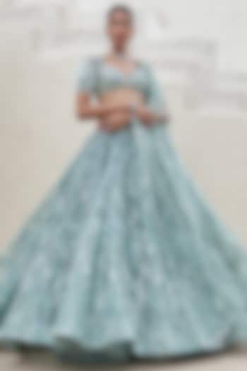 Jade Net & Crepe Hand Embroidered Bridal Lehenga Set by Mahima Mahajan at Pernia's Pop Up Shop