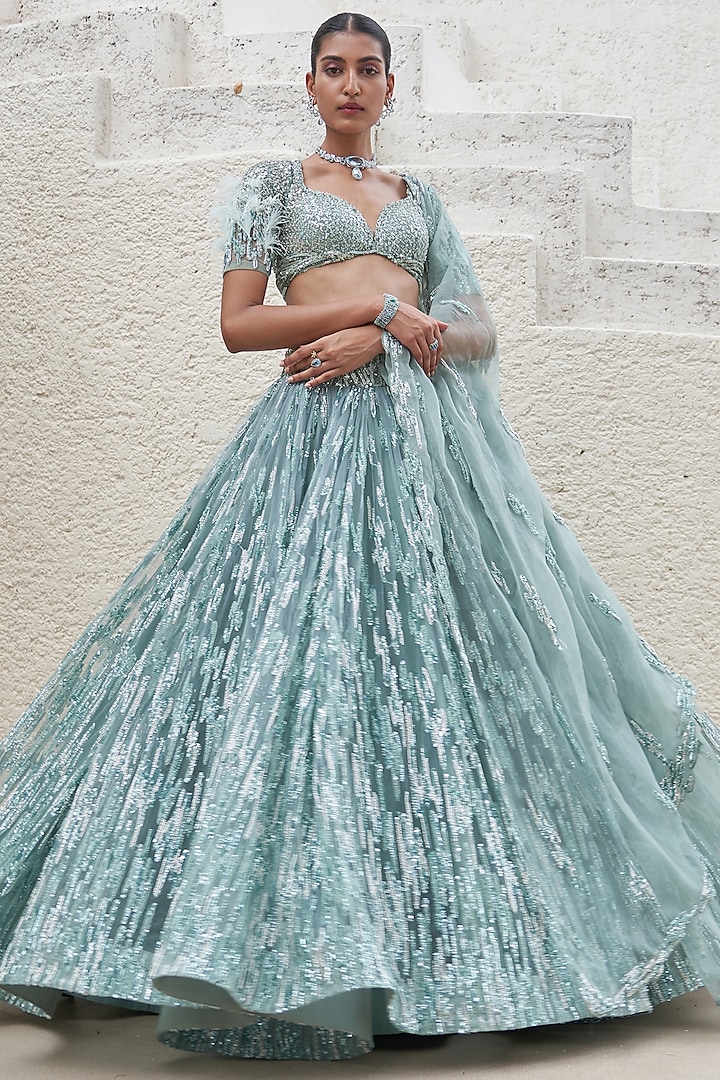 Jade Net & Crepe Hand Embroidered Bridal Lehenga Set by Mahima Mahajan at Pernia's Pop Up Shop