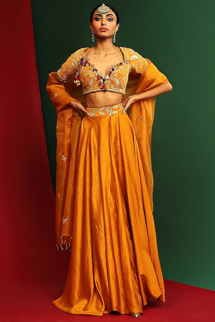 Marigold Yellow Raw Silk Tulip Wedding Lehenga Set by Mahima Mahajan at ...