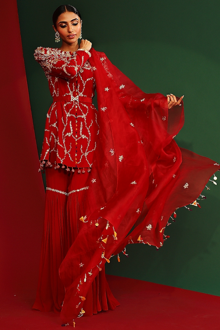 Sindoor Red Georgette Embroidered Gharara Set by Mahima Mahajan