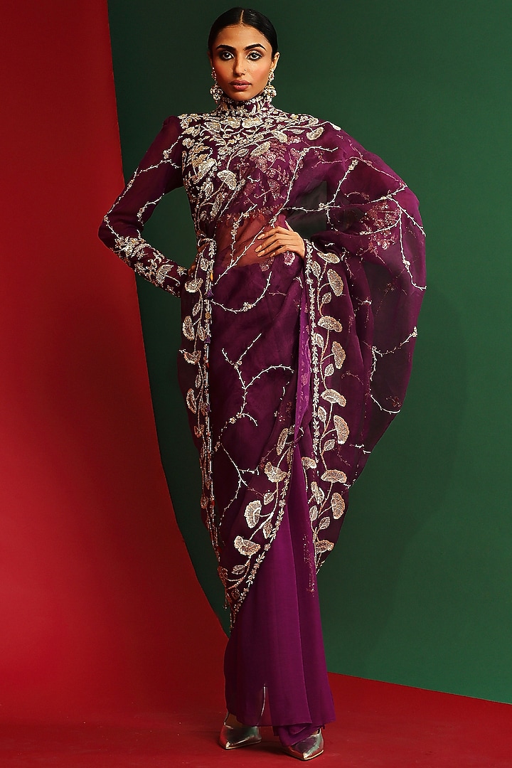 Grapevine Embroidered Pre-Stitched Wedding Saree Set by Mahima Mahajan at Pernia's Pop Up Shop