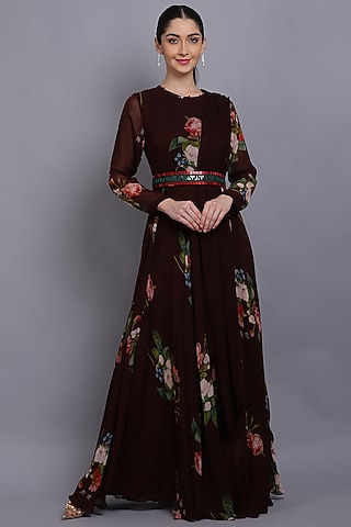 Brown Printed Anarkali Set by Mahima Mahajan