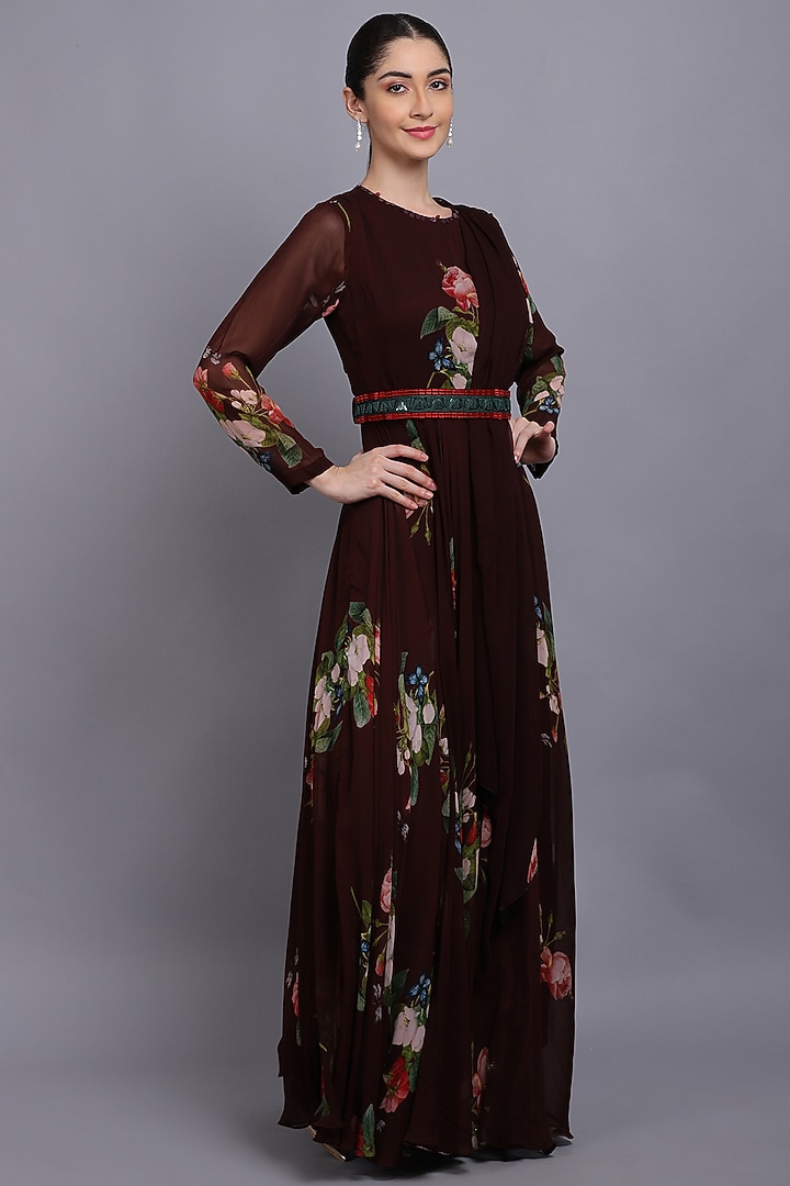 Brown Printed Wedding Anarkali Set by Mahima Mahajan at Pernia's Pop Up Shop
