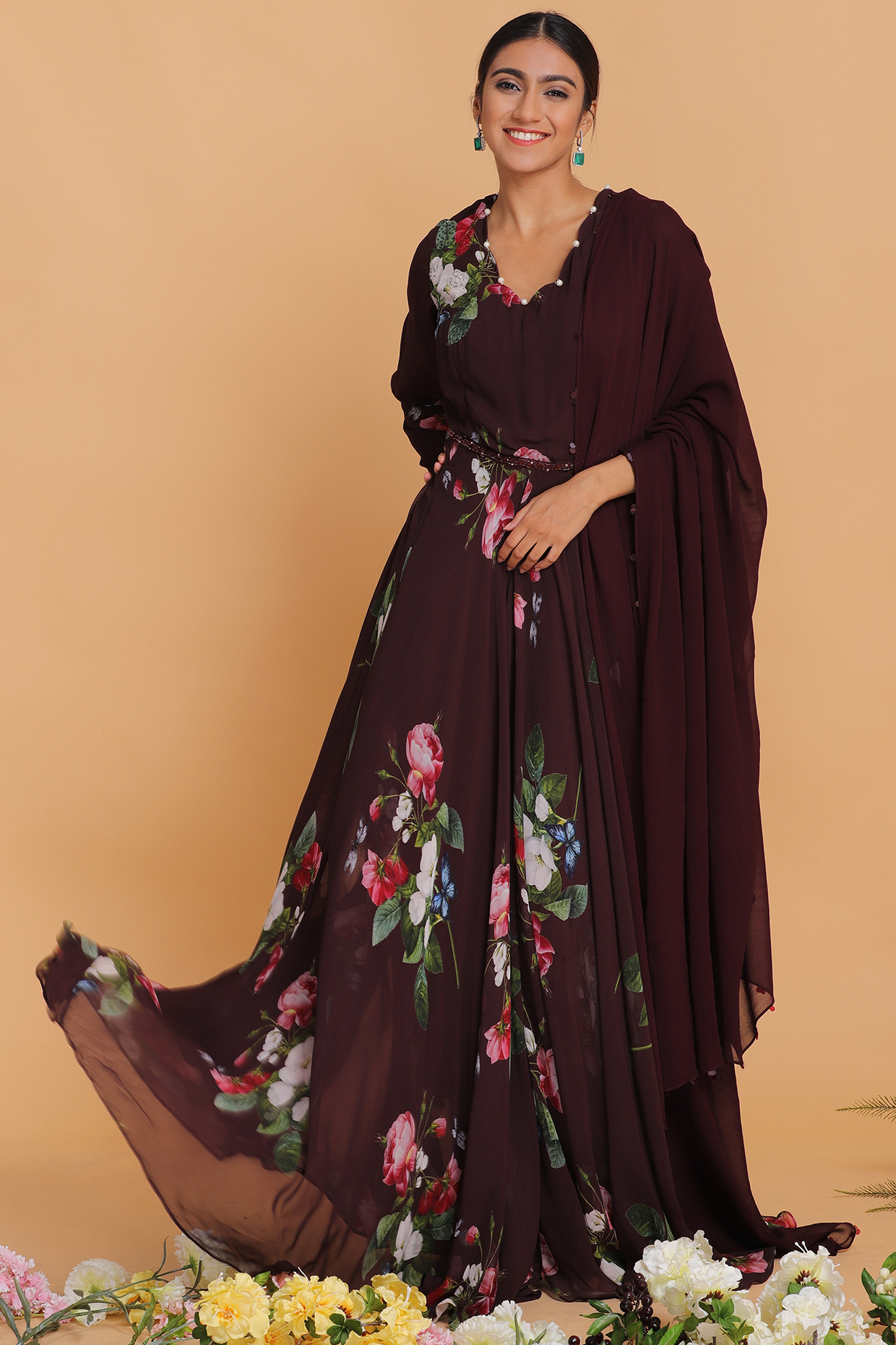 Brown Printed Anarkali Set by Mahima Mahajan