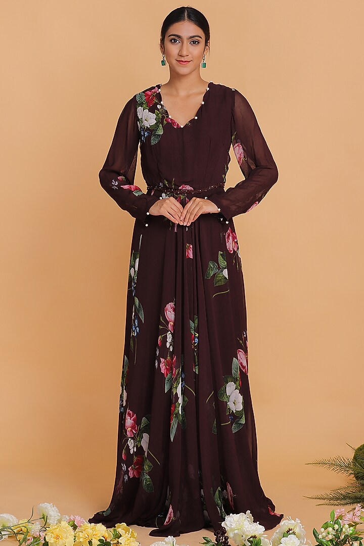 Brown Printed Wedding Anarkali Set by Mahima Mahajan at Pernia's Pop Up Shop