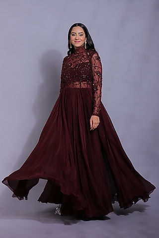 Wine Embroidered Anarkali by Mahima Mahajan