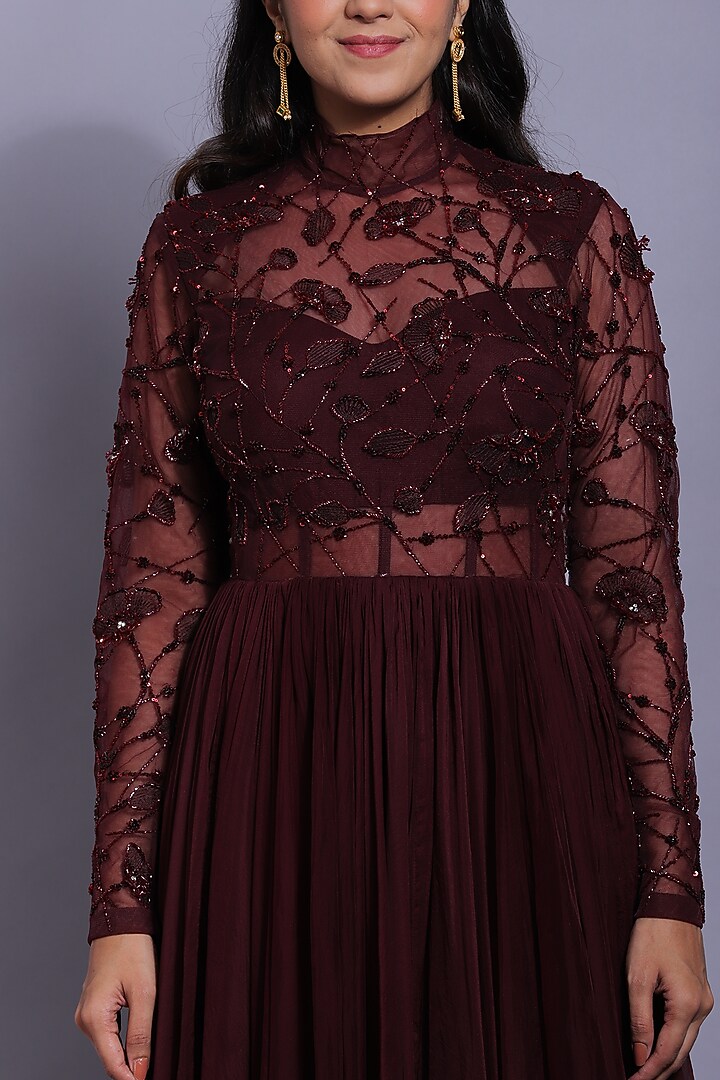 Wine Embroidered Bridal Anarkali by Mahima Mahajan at Pernia's Pop Up Shop