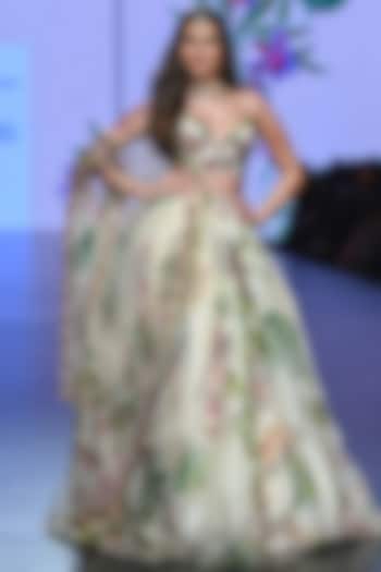 Ivory Moss Crepe & Organza Printed Wedding Lehenga Set by Mahima Mahajan at Pernia's Pop Up Shop
