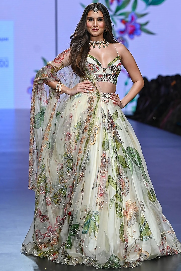 Ivory Moss Crepe & Organza Printed Wedding Lehenga Set by Mahima Mahajan at Pernia's Pop Up Shop