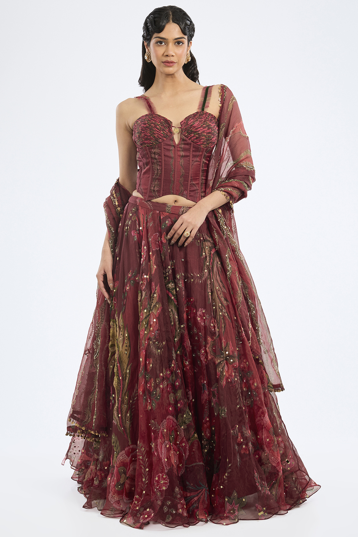 Sindoori Red Organza Embellished Wedding Lehenga Set by Mahima Mahajan at Pernia's Pop Up Shop