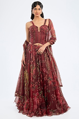 Sindoori Red Organza Embellished Lehenga Set by Mahima Mahajan