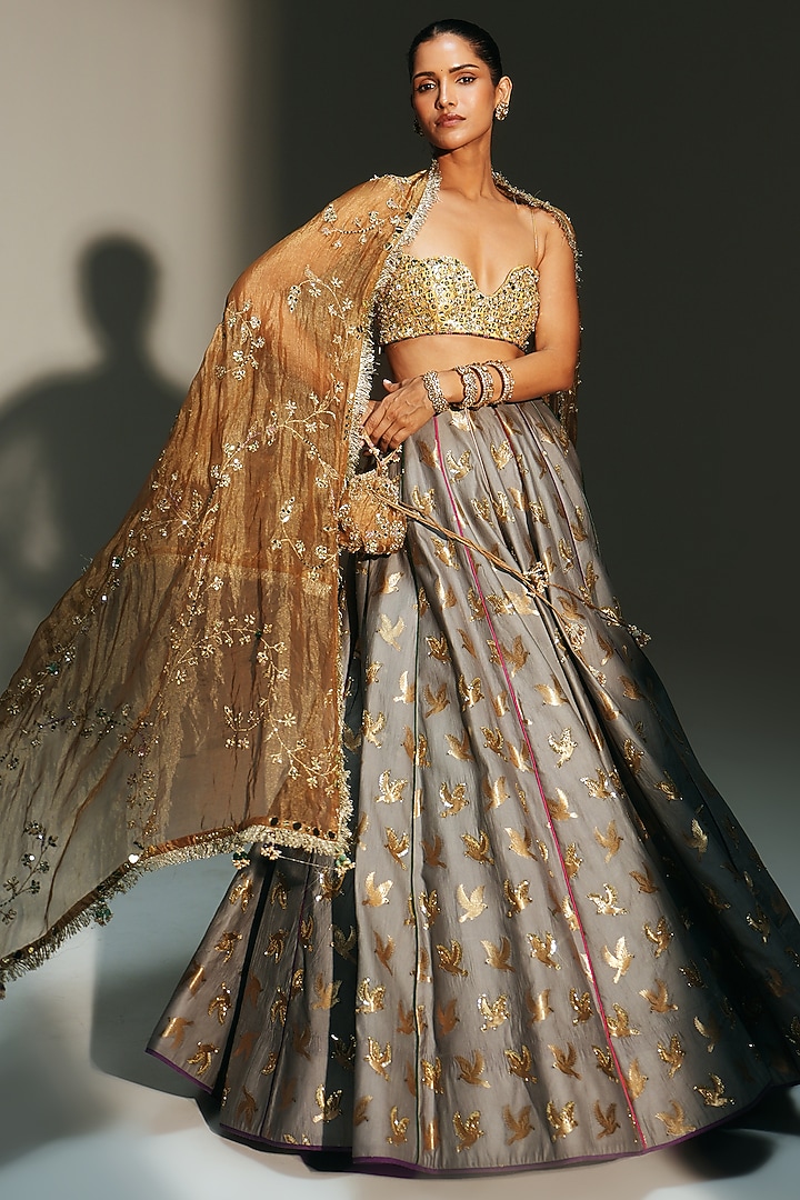 Platinum Banarasi Silk Chanderi Motif Embroidered Wedding Lehenga Set by Mahima Mahajan at Pernia's Pop Up Shop