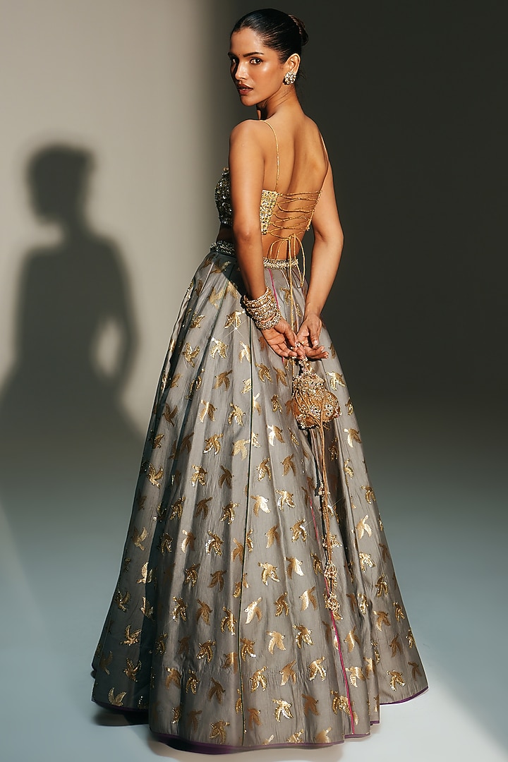 Platinum Banarasi Silk Chanderi Motif Embroidered Wedding Lehenga Set by Mahima Mahajan at Pernia's Pop Up Shop
